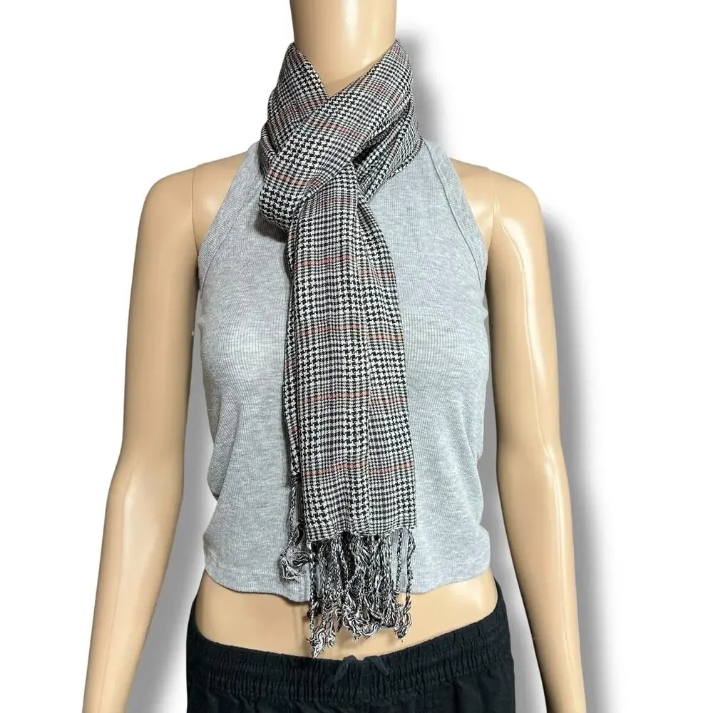Womens Plaid Scarf Wrap with Fringe Black White and Red Rectangle Lightweight